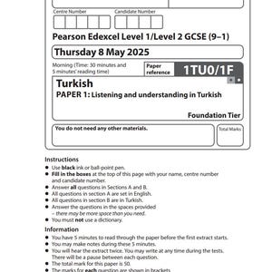 2025 Pearson Edexcel GCSE turkiska prov 1 + betygsschema 1tu0 1F