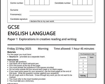 2025 AQA GCSE English Language Paper 1 and Mark Scheme 87001 Explorations in Creative Reading and Writing