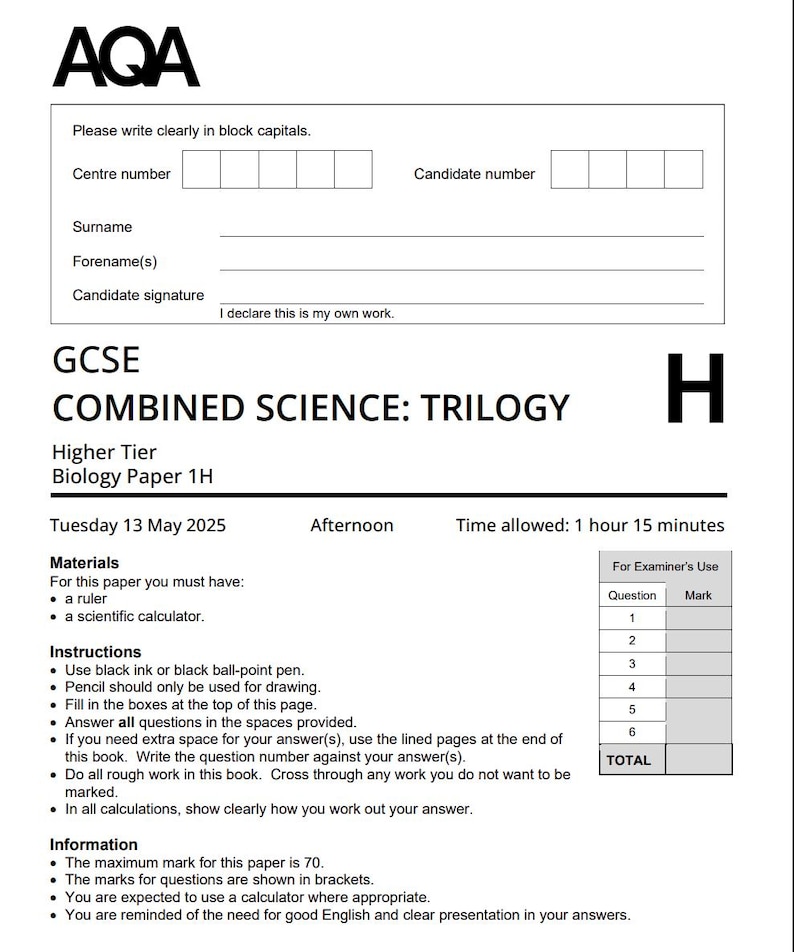 2025 AQA GCSE Combined Science Trilogy Higher Tier Paper 1 and Mark ...