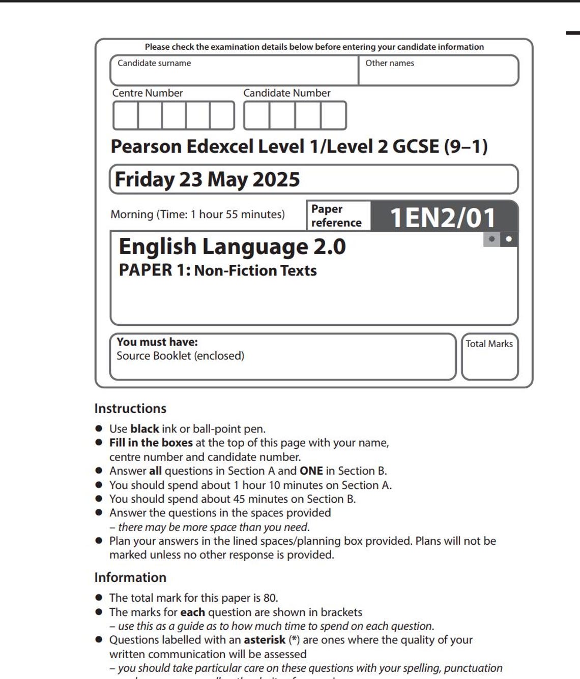 2025 Pearson Edexcel GCSE English Language Paper 1markscheme 1en02 01 ...