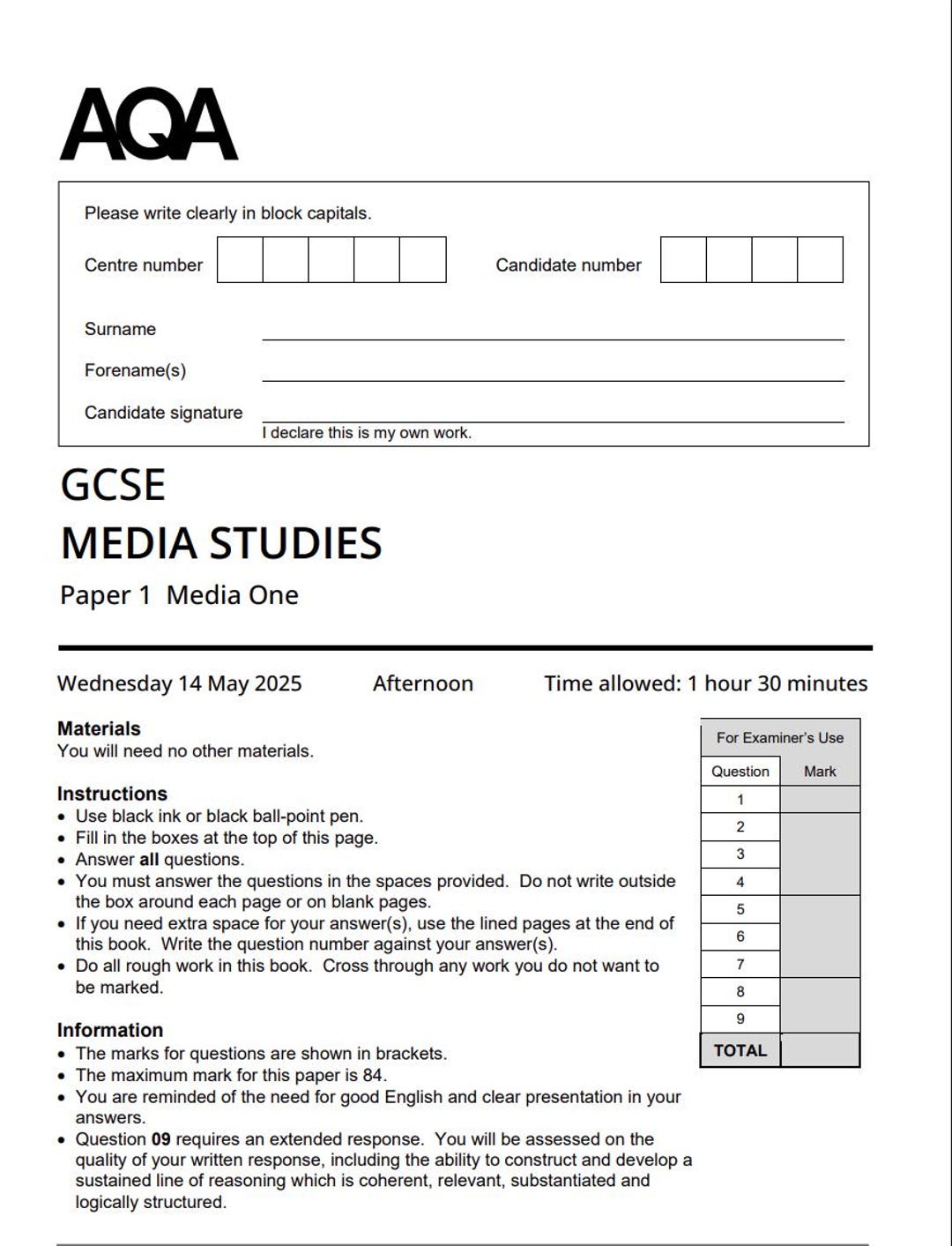 Media Gcse Questions 2025 AQA GCSE Media Studies Paper 1 and Mark Scheme 8572-1 Media One - Etsy