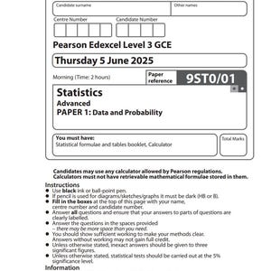 May include: A printed exam paper for Pearson Edexcel Level 3 GCE Statistics, Advanced, Paper 1: Data and Probability. The paper is dated Thursday, June 5, 2025, and includes instructions and information for candidates. The paper reference is 9ST0/01.