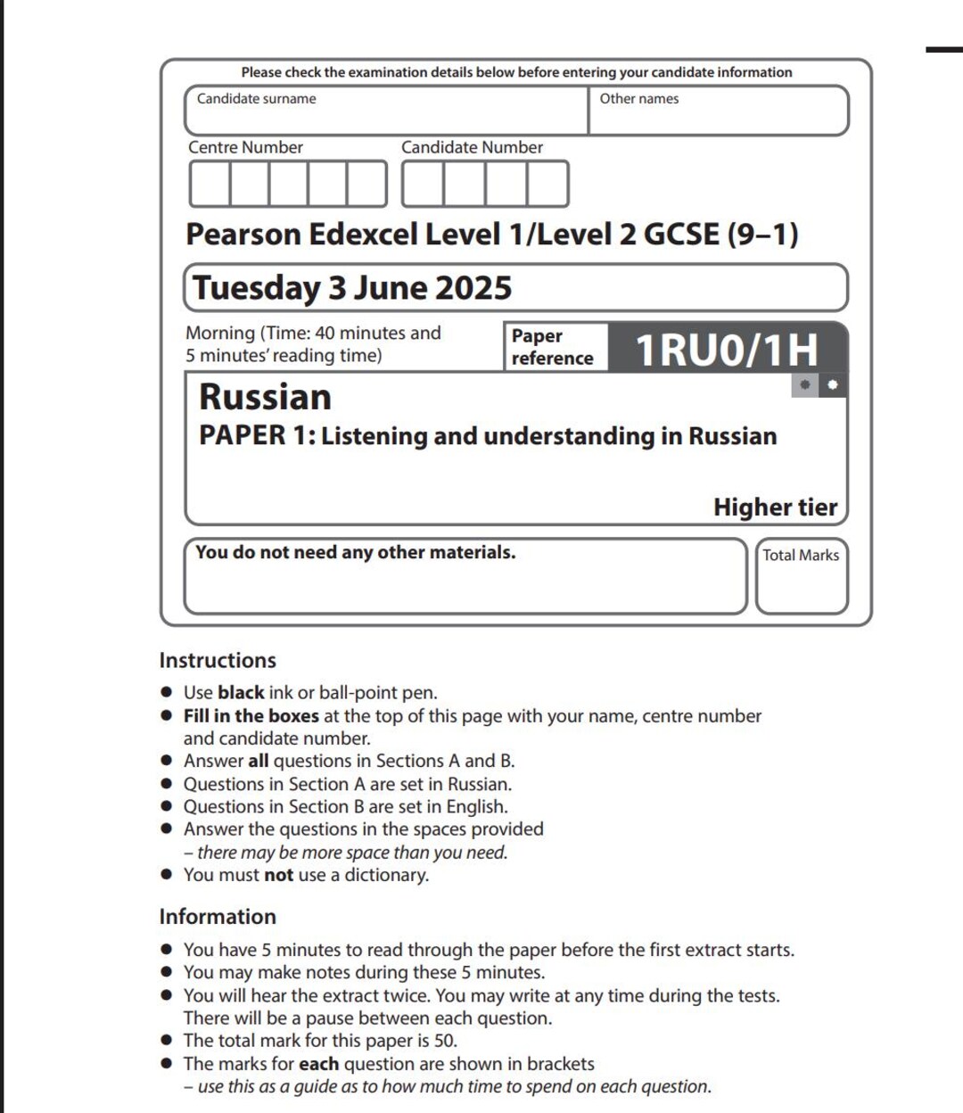 2025 Pearson Edexcel GCSE Russian Higher Tier Paper 1 + Mark Scheme ...