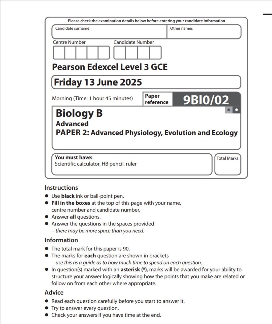 2025 Pearson Edexcel A Level Biology B Paper 2 + Mark Scheme Advanced ...