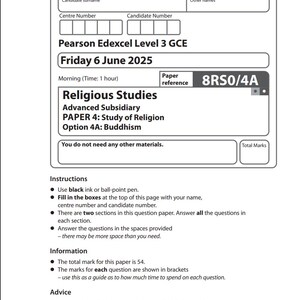 Pode incluir: Um documento de exame branco com texto preto. O documento é para Pearson Edexcel Level 3 GCE Religious Studies, Advanced Subsidiary, Paper 4: Study of Religion, Option 4A: Buddhism. A data é sexta-feira, 6 de junho de 2025. Instruções e conselhos também estão incluídos.