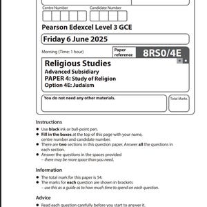 May include: A white examination paper for Religious Studies, Advanced Subsidiary, with the text "Pearson Edexcel Level 3 GCE" and "Friday 6 June 2025." Includes instructions, information, and advice for the exam.