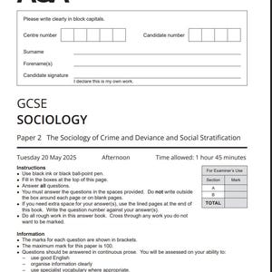 May include: A white GCSE Sociology exam paper with the AQA logo at the top. The paper includes sections for the candidate's information, instructions, and space for answers. The exam is for the Sociology of Crime and Deviance.