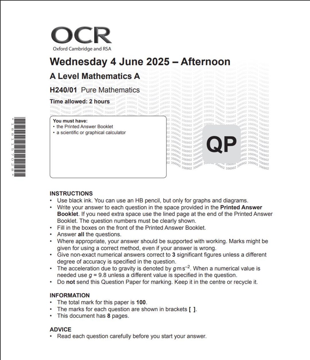 2025 OCR A Level Mathematics a Paper 1 + Mark Scheme Pure Mathematics ...