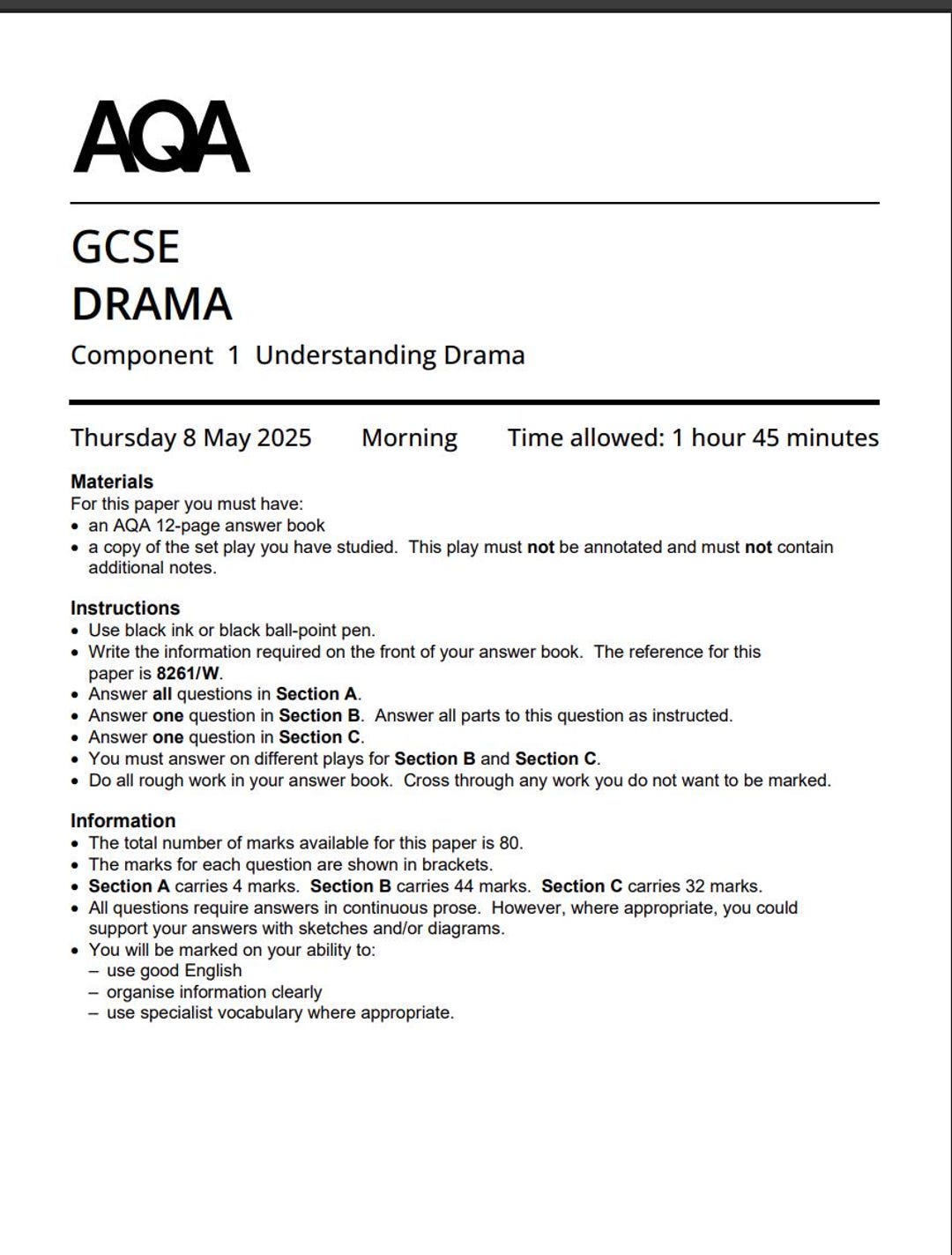 2025 AQA GCSE Drama Paper 1 and Mark Scheme 8261/W Understanding Drama ...