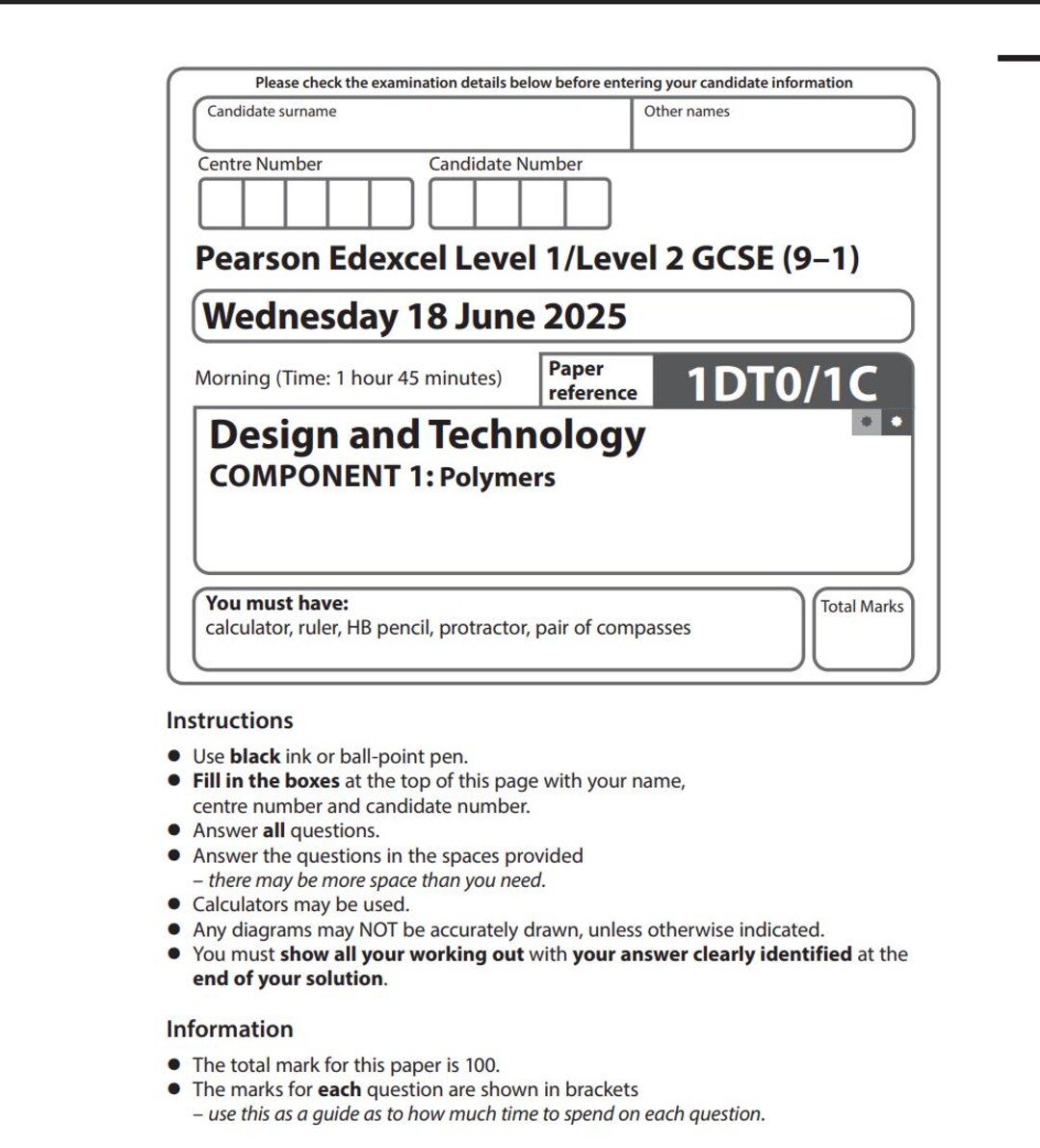 2025 Pearson Edexcel Gcse Design and Technology PAPER 1 + MARK SCHEME ...