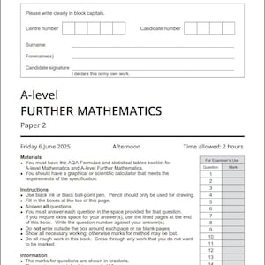 以下が含まれることがあります： AQAのロゴが上部にある、白いAレベルの高度な数学の試験問題。この用紙には、受験者の情報、指示、採点表のセクションが含まれています。日付は2025年6月6日金曜日です。