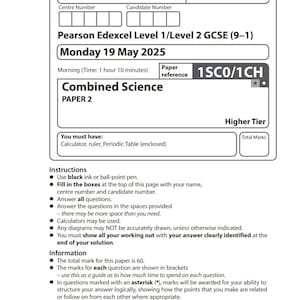 Peut inclure: Un sujet d'examen blanc pour le Pearson Edexcel Level 1/Level 2 GCSE (9-1) Sciences Combinées, Papier 2, daté du lundi 19 mai 2025. Comprend des instructions, des informations et des conseils pour l'examen. La référence du papier est 1SC0/1CH.