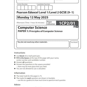 Könnte beinhalten: Ein gedrucktes Examenspapier für Informatik mit dem Titel "PAPER 1: Principles of Computer Science". Das Papier stammt von Pearson Edexcel Level 1/Level 2 GCSE (9-1) und ist vom Montag, 12. Mai 2025. Enthält Anweisungen und Informationen.