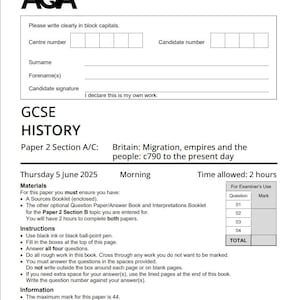 Puede incluir: Un examen de historia GCSE AQA con secciones para información del candidato e instrucciones. El examen trata sobre Gran Bretaña: Migración, imperios y el pueblo, con un límite de tiempo de 2 horas. Incluye información para los examinadores.