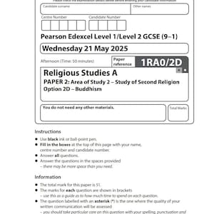 Pode incluir: Um exame impresso para Estudos Religiosos A, com o título "PAPER 2: Area of Study 2 - Study of Second Religion Option 2D - Budismo". O documento inclui instruções, informações e espaço para os dados do candidato. A data é quarta-feira, 21 de maio de 2025.