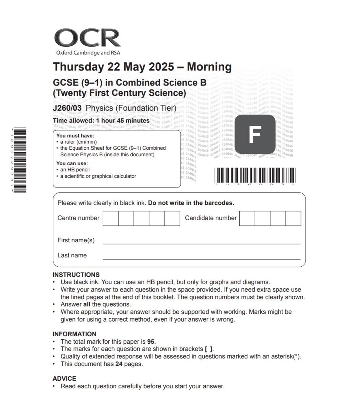 2025 OCR GCSE Combined Science B Paper 3 Physics Foundation Tier and ...