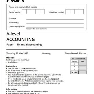 May include: A white AQA A-level Accounting exam paper. The paper includes sections for the candidate's information, instructions, and a table for examiner's use. The exam is for Paper 1 Financial Accounting, scheduled for May 22, 2025, with a 3-hour time limit.