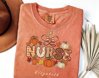 Custom Fall Nurse T-Shirt: Personalized Thanksgiving  Pumpkin Design