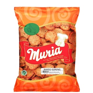 May include: A bag of Muria Bakso Goreng, a product of Indonesia. The orange package features a red banner with the brand name and a chef illustration. The bag is filled with round, golden-brown fried snacks.