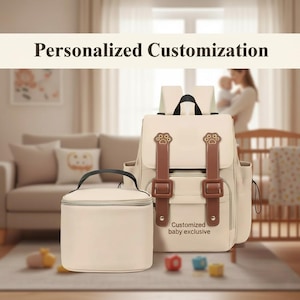 May include: Cream-colored baby backpack and matching insulated bottle bag. The backpack features brown straps and paw print accents. The text "Personalized Customization" and "Customized baby exclusive" are visible.