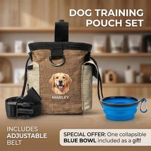 May include: Dog training pouch set with an adjustable belt and a collapsible blue bowl. The brown pouch features a picture of a golden retriever with the name "Marley". The text "Dog Training Pouch Set" is at the top.