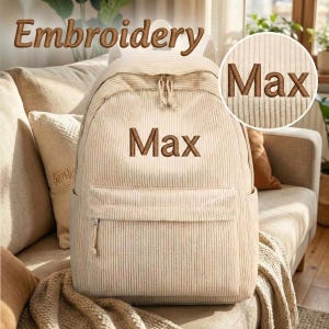 Plecak z personalizowanym imieniem, torba sztruksowa z haftem, estetyczny plecak podróżny, prezent na powrót do szkoły dla niej, plecak na co dzień.