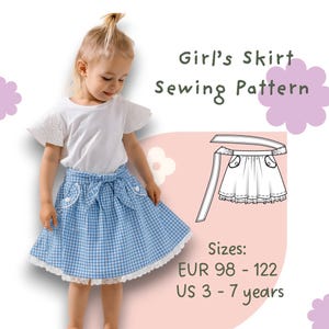 May include: A young girl wearing a blue and white gingham skirt with a white top. The skirt has a white lace trim and a bow at the waist. Text on the image reads "Girl's Skirt Sewing Pattern" and "Sizes: EUR 98-122, US 3-7 years."