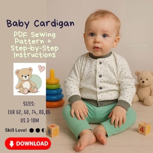 May include: A baby wearing a white cardigan with a gray star pattern and mint green pants. The image includes text that says "Baby Cardigan" and "PDF Sewing Pattern + Step-by-Step Instructions". The sizes are listed as US 3-18M and EUR 62, 68, 74, 80, 86.