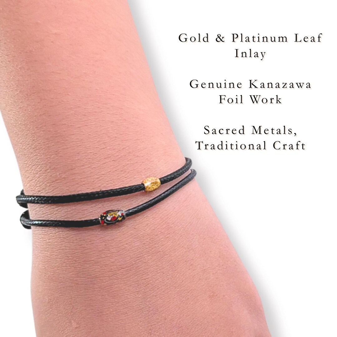 Japanese Omamori Bracelet｜black Waxed Cord & Kanazawa 24K Gold