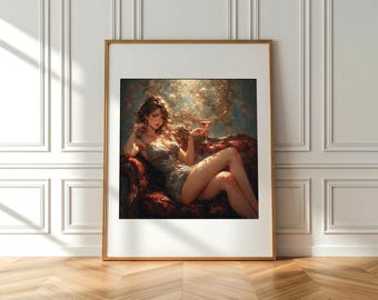 A young woman holds a martini glass background of soft muted teal and dusty rose colors scattered floral motifs Wall Art Decor Bar cocktail