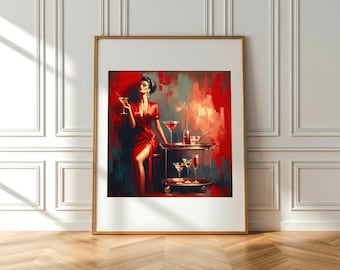 A woman in a red robe exuding vintage charm holds a cocktail martini glass, martini bottle, oil painting. Wall Art Decor Bar cocktail party