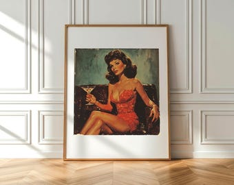 A glamorous woman wearing a sparkling red dress with thin straps holds a martini glass, oil painting artwork. Wall Art Decor Bar cocktail
