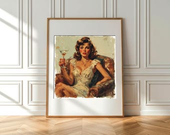 A glamorous woman holding a martini glass with an orange twist, background features soft, muted colors. Wall Art Decor Bar cocktail party