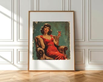 A glamorous woman sits in a vintage brown leather armchair holds a cocktail martini glass, oil painting style. Wall Art Decor Bar cocktail