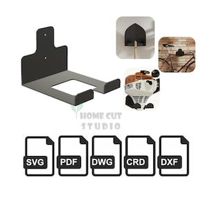 Puede incluir: Un soporte de pared de metal gris oscuro para herramientas, con una abertura rectangular y dos soportes curvos. La imagen también incluye un motor pequeño, una bicicleta e iconos de archivo etiquetados SVG, PDF, DWG, CRD y DXF.
