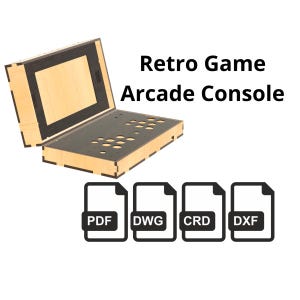 Könnte beinhalten: Eine Retro-Spiel-Arcade-Konsole aus Holz mit schwarzem Innenraum und Tastenanordnung. Der Text "Retro Game Arcade Console" ist in Schwarz dargestellt. Vier Dateityp-Symbole sind darunter abgebildet.