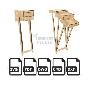 Op de afbeelding: Twee houten display stands met een lichtbruine afwerking. De ene stand heeft twee lades, de andere heeft twee open schappen. De stands worden ondersteund door dunne, schuine poten. De afbeelding bevat ook bestandstype-pictogrammen: SVG, PDF, DWG, CRD en DXF.