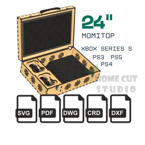 Puede incluir: Una caja de consola de juegos de madera con un monitor de 24 pulgadas (aproximadamente 61 cm), diseñada para Xbox Series S, PS3, PS4 y PS5. La caja incluye compartimentos para los mandos y la consola. El diseño presenta cortes en forma de copo de nieve y un asa. Incluye archivos SVG, PDF, DWG, CRD y DXF.