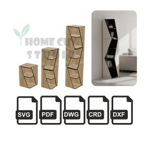 以下が含まれることがあります： ユニークな幾何学模様の木製本棚3点セット。棚は明るい茶色で、黒いトリムとオープンシェルフが付いています。画像には、同様の本棚の部屋でのレンダリングとファイルタイプのアイコンも含まれています。