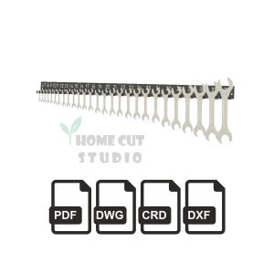 May include: A set of open-end wrenches of varying sizes, mounted on a black bar with size markings. The wrenches are arranged in ascending order. Below the wrenches is the text "HOME CUT STUDIO" and file type icons for PDF, DWG, CRD, and DXF.