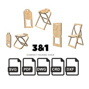 Op de afbeelding: Verschillende compacte klapstoelen van hout worden getoond, sommige opgevouwen en andere uitgevouwen. De afbeelding bevat bestandstype-pictogrammen voor de formaten SVG, PDF, DWG, CRD en DXF. De tekst luidt "3&1" en "Compact Folding Chair".