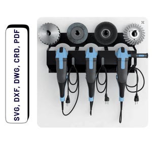 Pode incluir: Um suporte de parede de metal preto para ferramentas elétricas contendo três rebarbadoras azul-claras e cinza-escuras com cabos. Acima das rebarbadoras, quatro discos circulares de corte e desbaste estão fixados. Texto: SVG, DXF, DWG, CRD, PDF.
