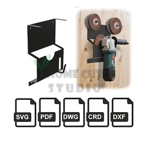 Może przedstawiać: Czarne metalowe organizery na narzędzia i szlifierka zamontowane na drewnianej powierzchni. Organizer ma półkę i haczyk. Szlifierka ma czarny i zielony korpus z tarczą. Obraz zawiera również ikony typów plików: SVG, PDF, DWG, CRD i DXF.