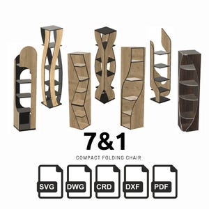 Könnte beinhalten: Sieben verschiedene Holzregale in verschiedenen Designs, darunter geschwungene und eckige Formen. Die Regale sind in Braun- und Schwarztönen gehalten, einige weisen offene, geometrische Designs auf. Der Text "7 & 1 COMPACT FOLDING CHAIR" wird darunter angezeigt.