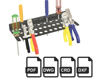 May include: A black metal tool organizer with various screwdrivers and pliers. The tools have colorful handles in yellow, red, blue, and green. The organizer has a series of holes for tool storage and is supported by metal legs. Below are PDF, DWG, CRD, and DXF file icons.