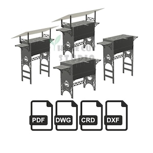 Puede incluir: Cuatro estaciones de parrilla para exteriores de color gris oscuro con toldos. Cada estación tiene una superficie de parrilla, estantes laterales y patas decorativas. Debajo hay iconos etiquetados PDF, DWG, CRD y DXF.