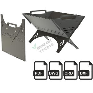 May include: A gray metal fire pit with a foldable design, featuring a handle and decorative cutouts. Includes a separate side panel and file type icons for PDF, DWG, CRD, and DXF.