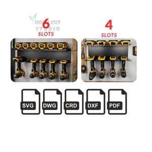 May include: Two black metal drill holders, one with six slots and the other with four slots, each holding yellow and black power drills. The text "6 SLOTS" and "4 SLOTS" are visible. Below are file type icons: SVG, DWG, CRD, DXF, and PDF.