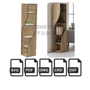 May include: A tall, wooden bookshelf with a unique, curved design. The shelves are open and the wood has a light brown finish with black trim. The image also includes file type icons: SVG, PDF, DWG, CRD, and DXF.
