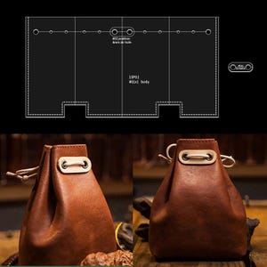 May include: Two brown leather drawstring pouches with metal accents. The pouches are displayed next to a black diagram with text that reads "#02 position 6mm air hole" and "15P02 #01x1 body". The pouches are likely for carrying small items.